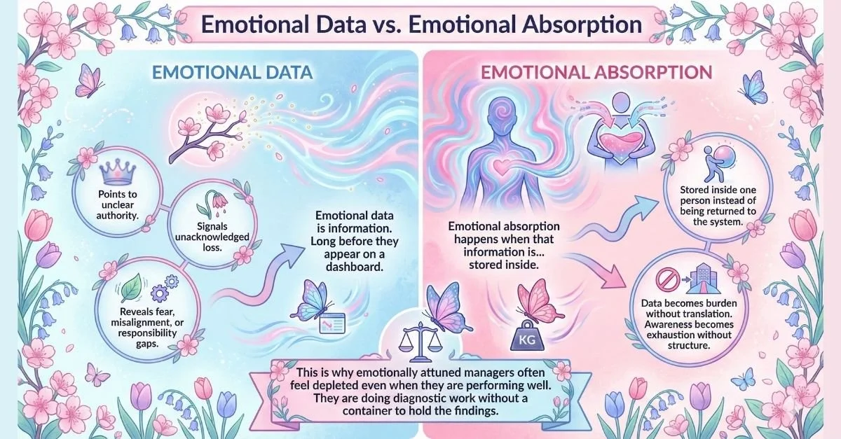 Infographic on Emotional Data vs. Emotional Absorption for leaders. A floral pink and blue design explains how managers can avoid burnout by treating emotions as system signals instead of personal burdens.