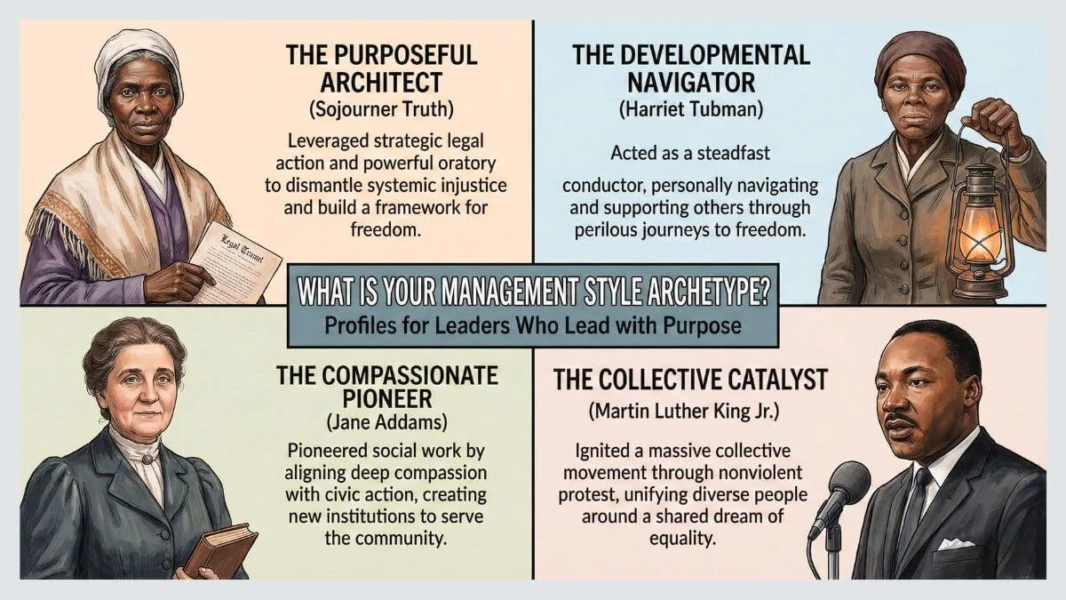 Leadership archetypes for Purpose pathway: Sojourner Truth, Harriet Tubman, Jane Addams, and Martin Luther King Jr."