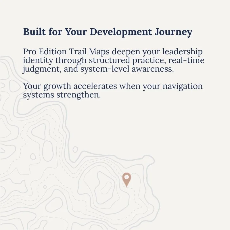 Slide describing how Pro Edition Trail Maps deepen leadership identity through structured practice and real-time judgment, set over a minimal contour map background with a navigation pin.