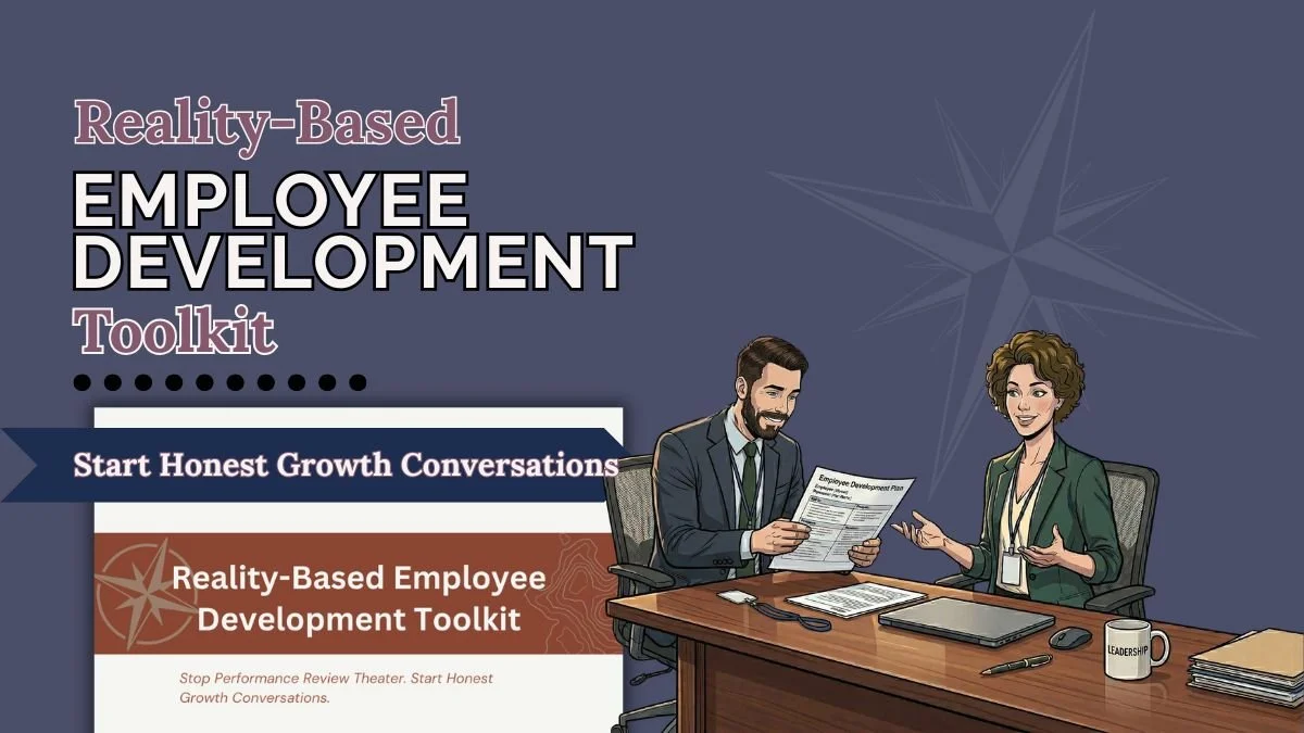 An illustration of a employee and a manager in professional attire, sitting at a wooden desk against a plain white background.