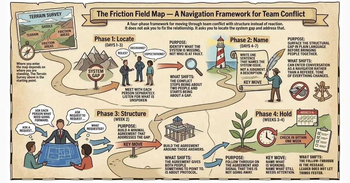 A detailed cartographic-style infographic on an aged parchment background, titled “The Friction Field Map — A Navigation Framework for Team Conflict.