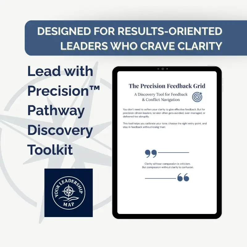 Website preview of Your Leadership Map™ showing a testimonial for the Lead with Precision™ Pathway Discovery Toolkit. The testimonial quote from Ana, a new manager and beta tester, reads: “I really thought I was an empathetic leader, but the tools an