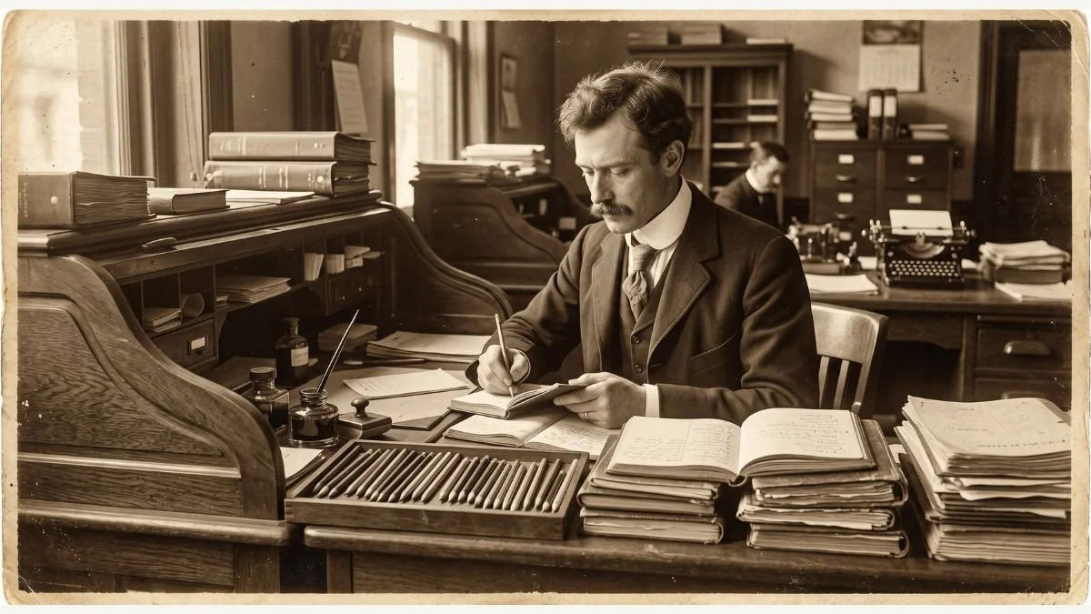 Sepia-toned photograph of an 1890s office clerk with multiple pencils lined up on a desk alongside stacks of filled notebooks, showing the explosion of documentation that portable writing tools enabled.