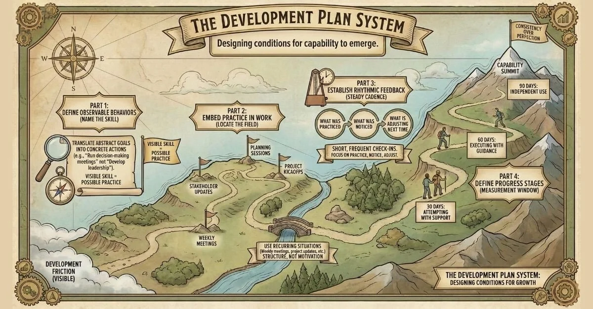 Vintage map infographic detailing a four-step 'Development Plan System' for fostering growth: defining behaviors, embedding practice, establishing feedback, and defining progress stages.
