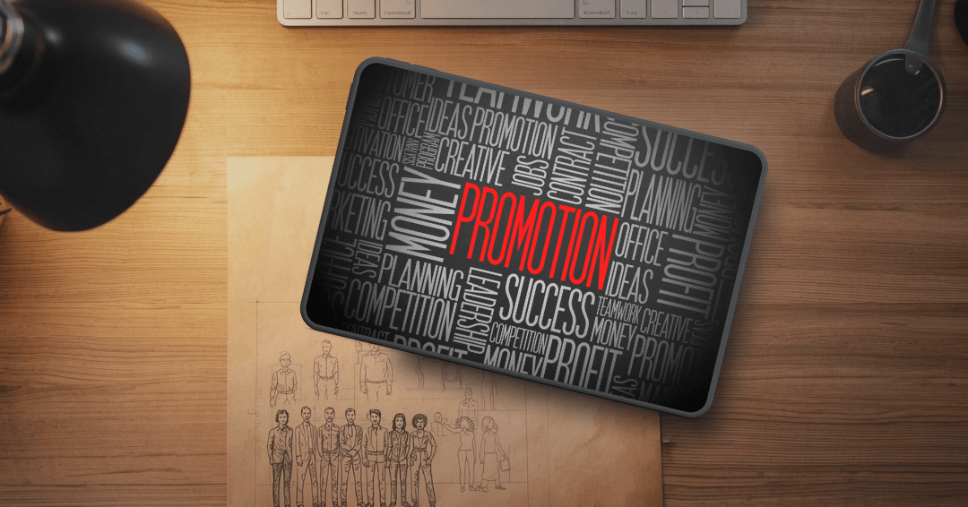 Tablet reading “Promotion” placed above a sketched team, representing the transition from peer to leader and changing authority structures.