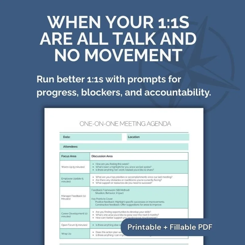 A digital poster with a blue background promoting effective one-on-one meetings. It emphasizes avoiding talking without movement and encourages using prompts for progress, blockers, and accountability. The poster includes a sample agenda for a one-on-one meeting, with sections for date, location, attendees, focus area, and discussion points, including employee updates, feedback, career development, and open forum.