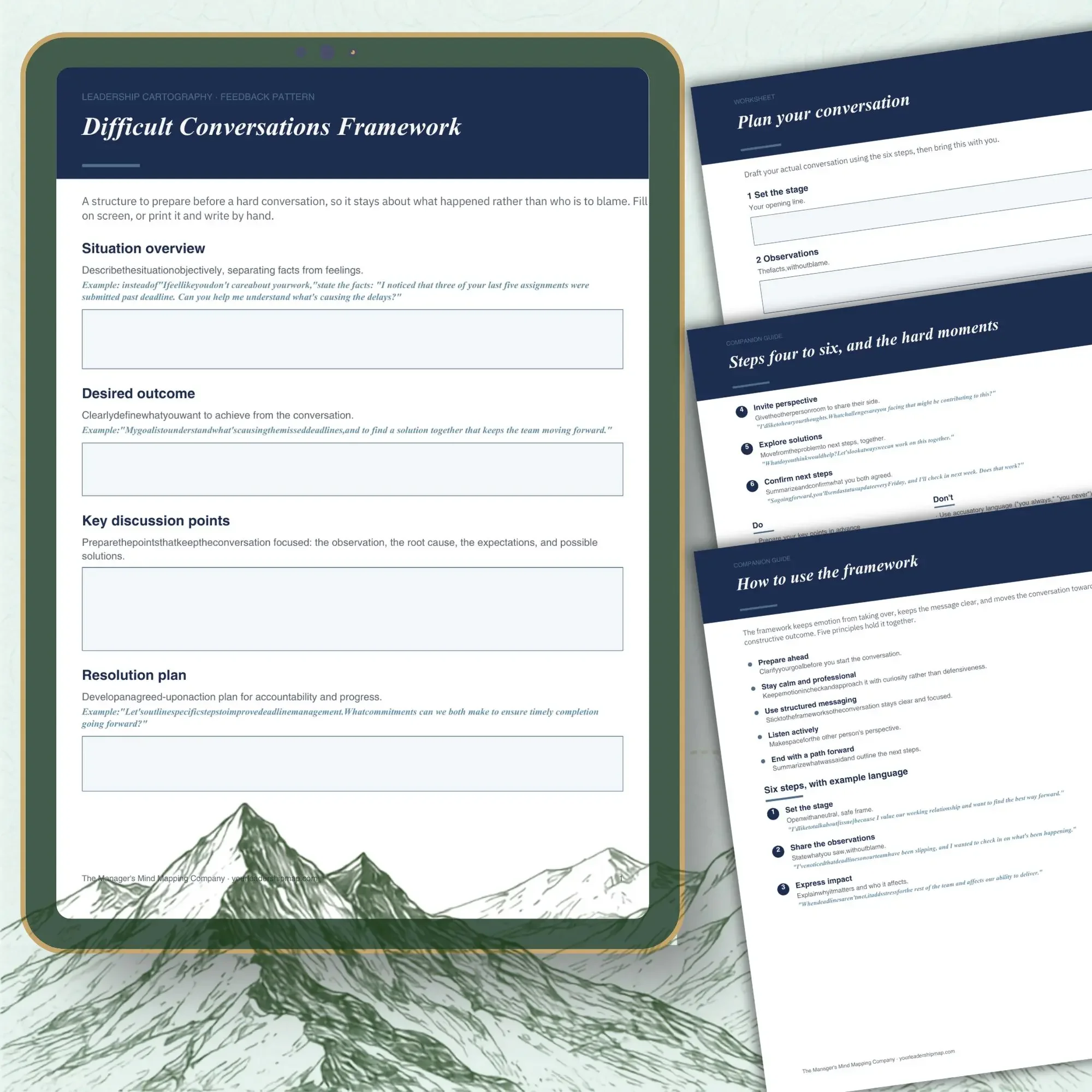 Preview of the Difficult Conversations Framework one-pager and companion guide shown as layered pages.