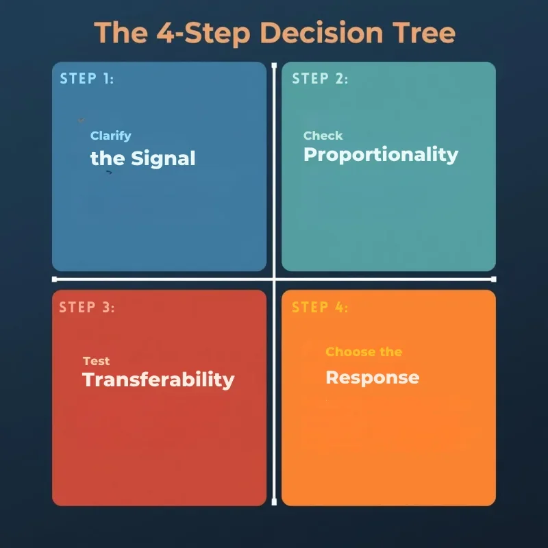 Four-quadrant decision tree diagram showing Step 1 Clarify the Signal, Step 2 Check Proportionality, Step 3 Test Transferability, Step 4 Response in blue, coral, and orange color blocks