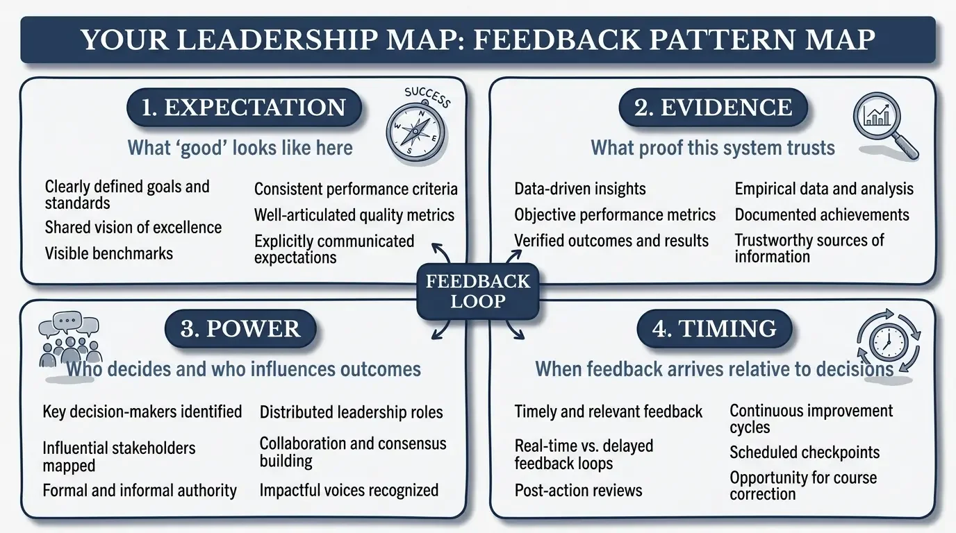 Leadership feedback pattern map with four sections: Expectation, Evidence, Power, and Timing, outlining key principles for effective feedback and decision-making.