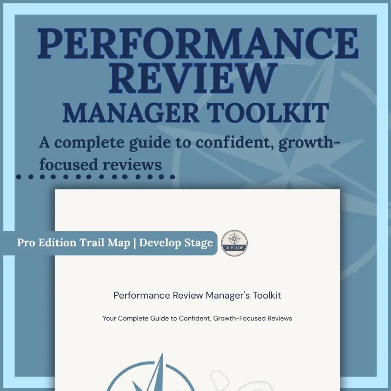 Performance Review Manager Toolkit cover showing a structured system for conducting confident, growth-focused performance reviews.