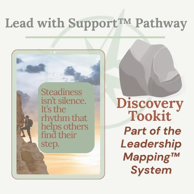 Lead with Support Pathway graphic showing the Discovery Toolkit as part of a leadership development system focused on steadiness and supportive leadership.