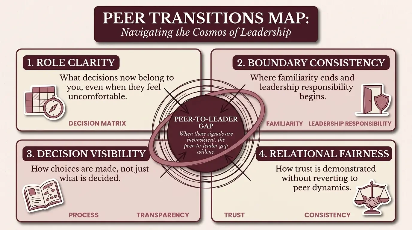 A diagram titled 'Peer Transitions Map: Navigating the Cosmos of Leadership' illustrating four key areas: Role Clarity, Boundary Consistency, Decision Visibility, and Relational Fairness. Each section includes a description and relevant icons: a compass and calendar for Role Clarity, a door with shield for Boundary Consistency, a book for Decision Visibility, and a scale with shaking hands for Relational Fairness. In the center, a circular graphic depicts the Peer-to-Leader Gap.