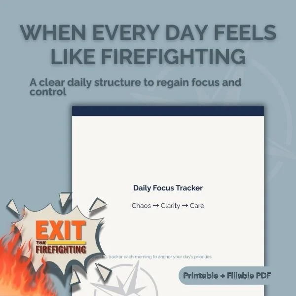 Daily Focus Tracker for new managers experiencing work overwhelm and burnout. This printable and fillable PDF tool helps leaders stop reactive firefighting and restore structural focus.