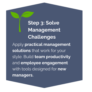 Small sprouting plant icon above text describing practical management solutions that strengthen productivity and engagement for new managers.