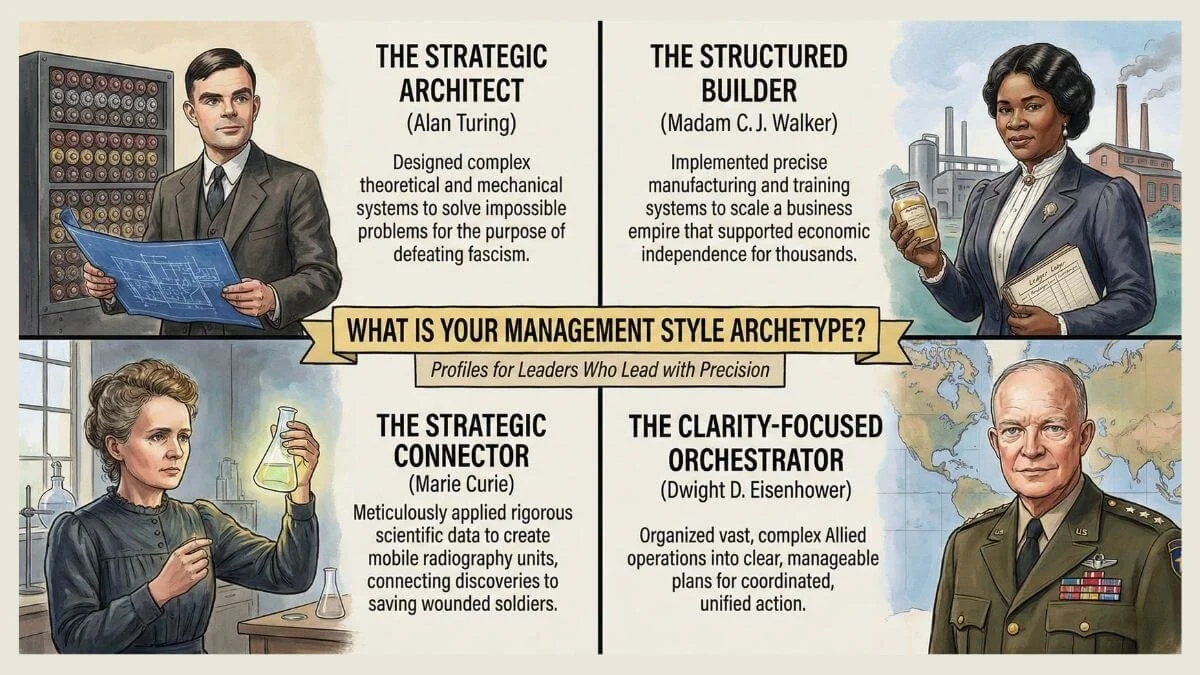 Leadership archetypes for Precision pathway: Alan Turing, Madam C.J. Walker, Marie Curie, and Dwight D. Eisenhower