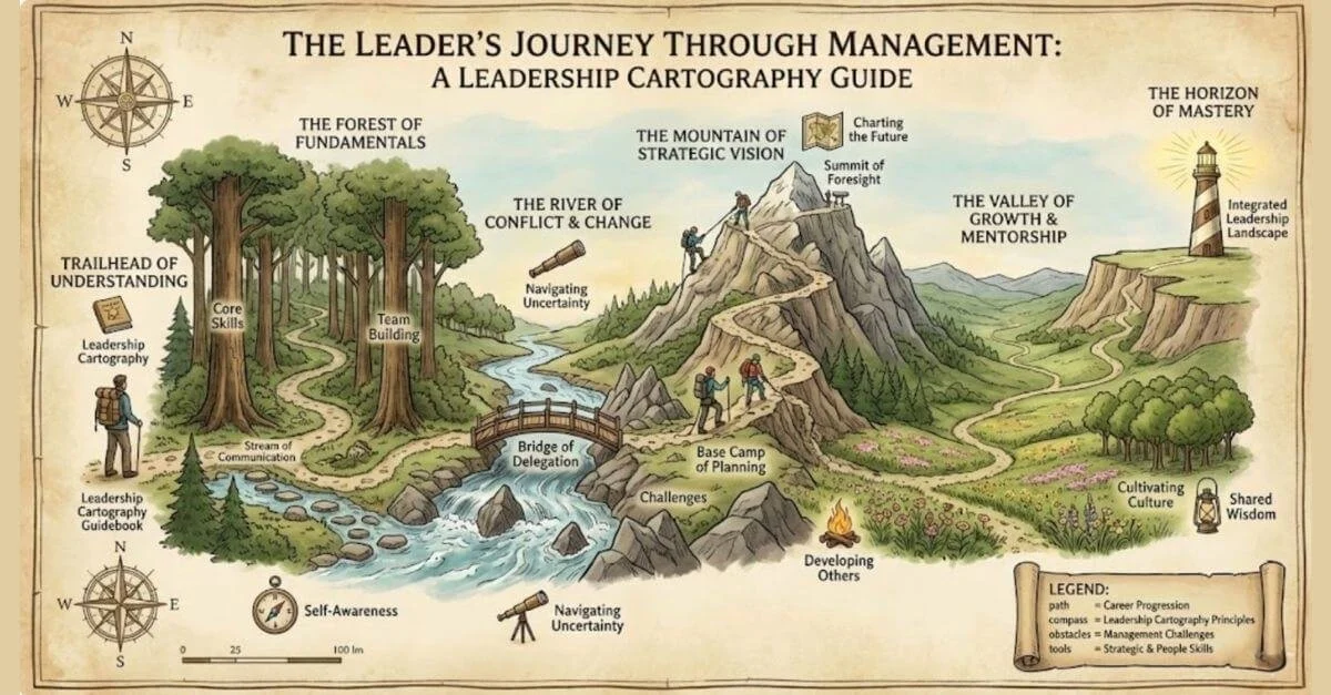 An illustrated leadership journey map titled "The Leader's Journey Through Management: A Leadership Cartography Guide" depicting a path through different landscapes such as forests, mountains, and valleys, with stages like understanding, team building, strategic vision, growth, and mastery, including elements like a compass, telescopes, and a lighthouse.