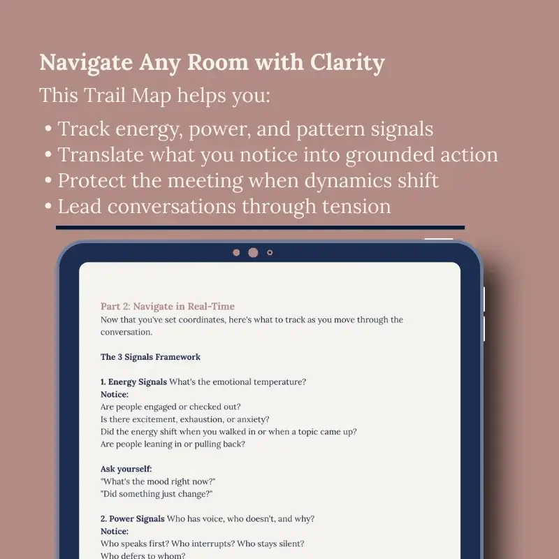 Instructional graphic showing how the Lead the Room tool helps managers track energy, power, and patterns during live conversations.