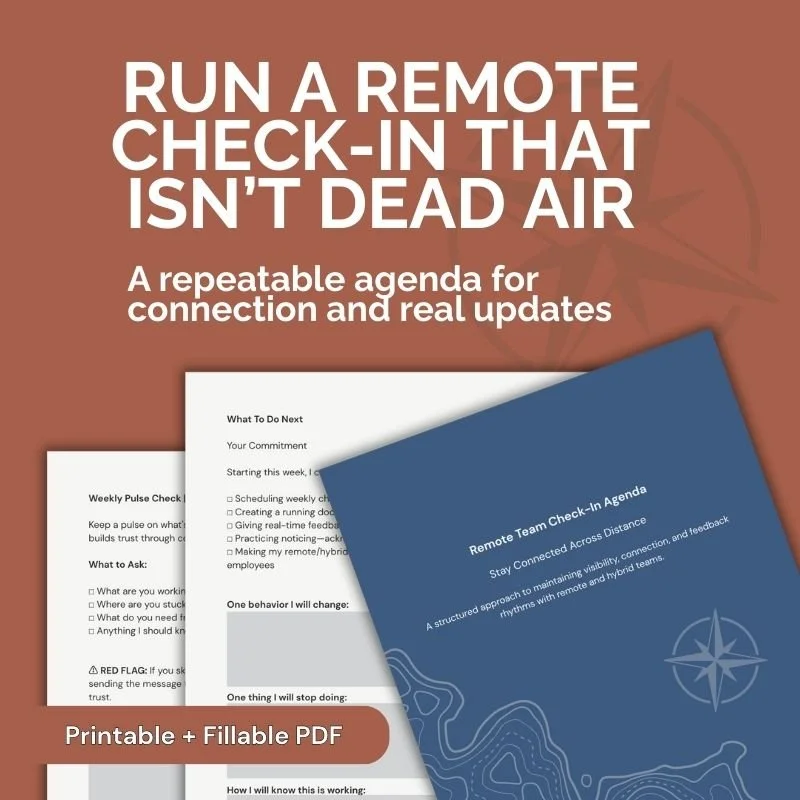 Cover page of a guide titled "Run a remote check-in that isn't dead air" featuring printable and fillable PDFs for a structured remote team check-in agenda focusing on connection and real updates.