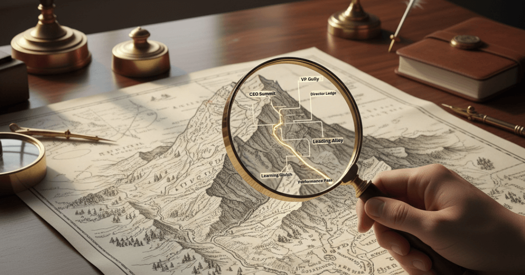 managing up graphic with a map a hand and a magnifing glass looking at the detail of the map