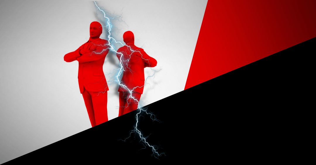 A high-contrast graphic featuring two red human figures standing back-to-back. A bolt of white lightning strikes between them against a background split diagonally between white/red and solid black.