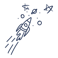 A cartoon-style rocket ship flying through space with stars and planets around it.