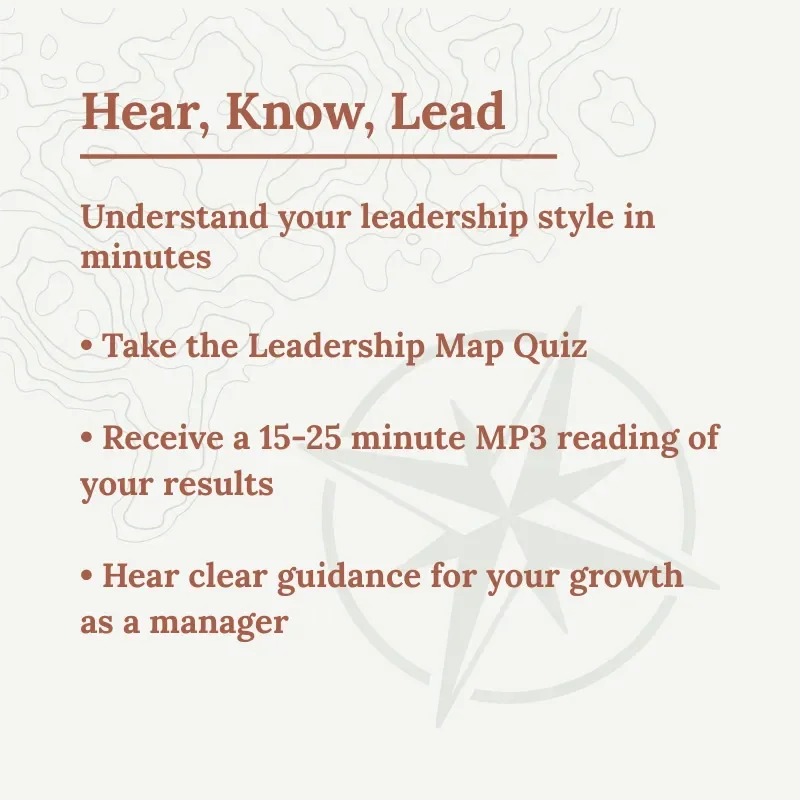 Informational slide titled “Hear, Know, Lead” describing steps to take a leadership quiz, receive a 15–25 minute audio reading, and hear guidance for leadership growth.