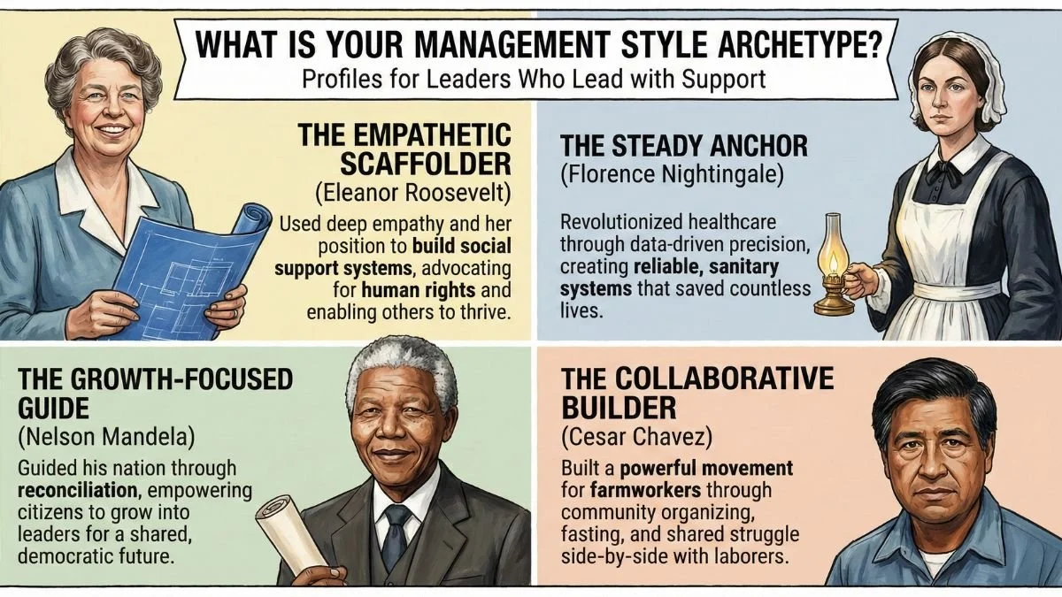 Leadership archetypes for Support pathway: Eleanor Roosevelt, Florence Nightingale, Nelson Mandela, and Cesar Chavez"