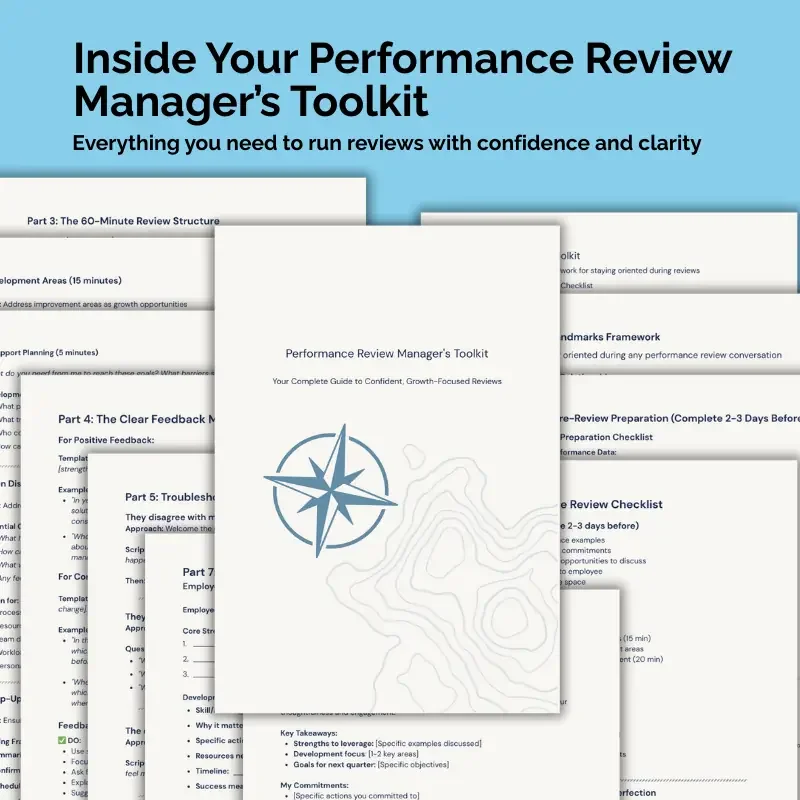 Overview of the Performance Review Manager Toolkit showing multiple structured review frameworks and planning pages for managers.