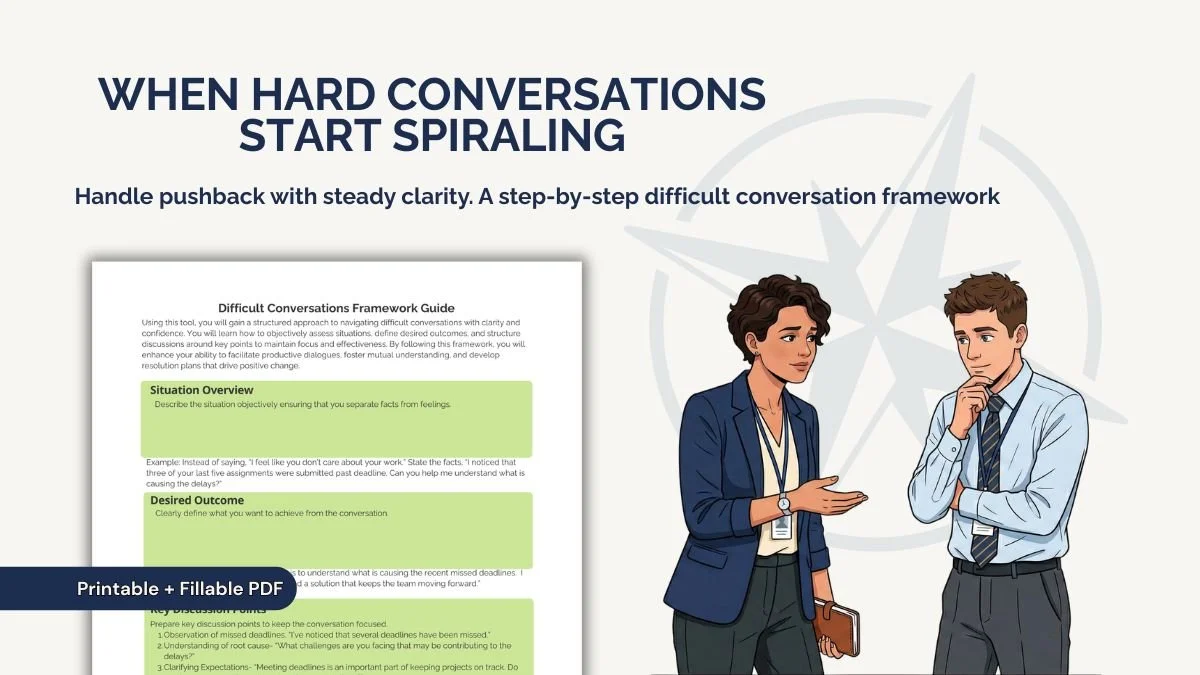 An illustration of a manager and a person in conversation, set against a compass rose background. A detailed preview of a printable leadership framework for handling difficult conversations is displayed to the left.