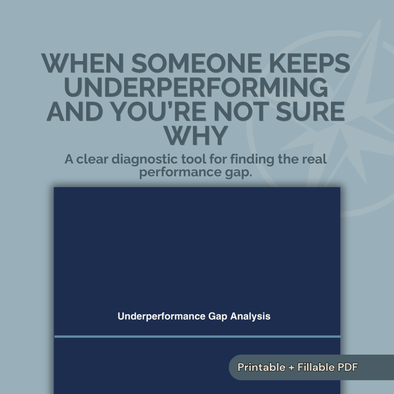 Image of a blueprint or diagnostic tool titled 'Underperformance Gap Analysis' with large bold text above that reads, 'When someone keeps underperforming and you're not sure why' and smaller text underneath, 'A clear diagnostic tool for finding the real performance gap.'