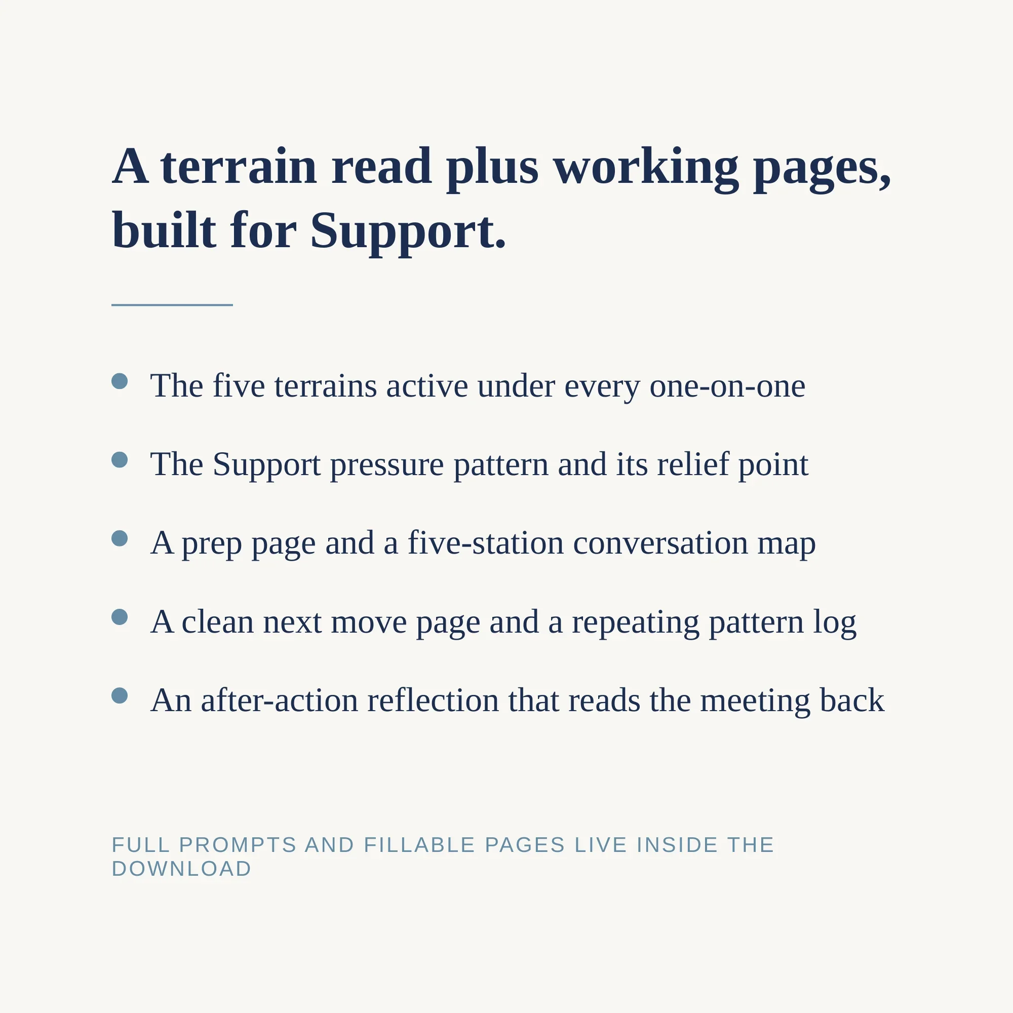 Inside the Support One-on-One Field Guide: terrain read, pressure pattern, prep page, conversation map, pattern log