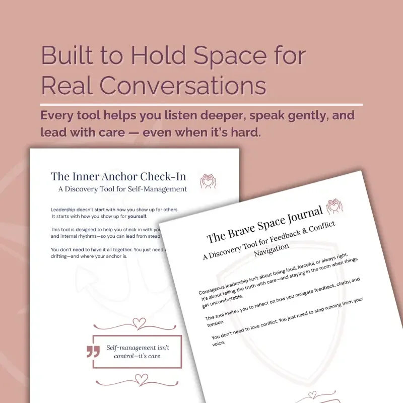 Preview of individual worksheets from the Lead with Heart Pathway Discovery Toolkit designed to help leaders hold space and navigate meaningful conversations with care.