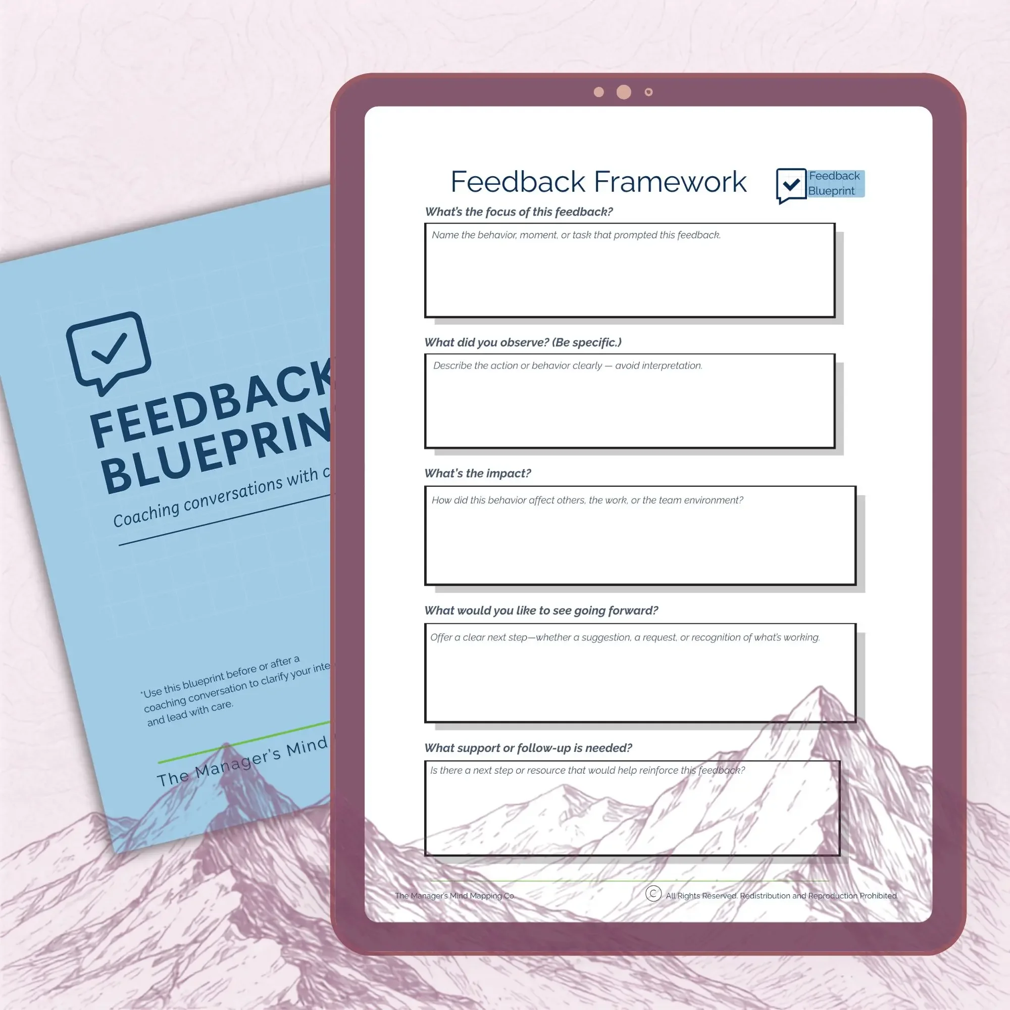 Preview of the Feedback Blueprint PDF, a one-page manager feedback structure with five prompts.