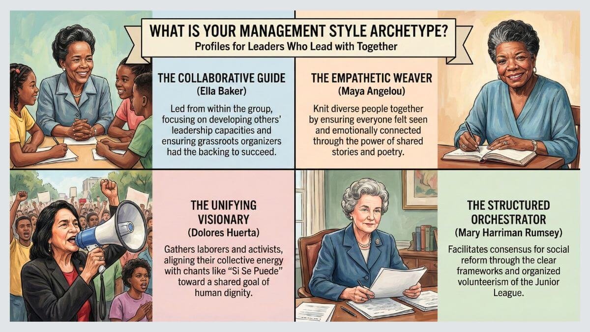 Leadership archetypes for Together pathway: Ella Baker, Maya Angelou, Dolores Huerta, and Mary Harriman Rumsey"
