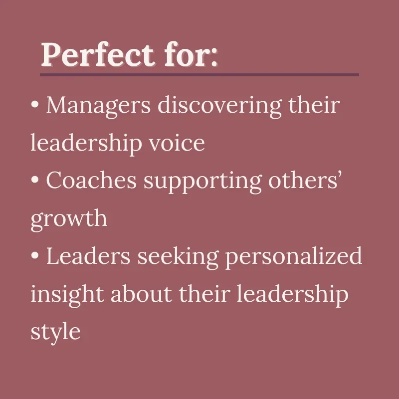 Text slide with a muted red background listing who the service is for, including managers discovering their leadership voice, coaches supporting growth, and leaders seeking personalized insight.