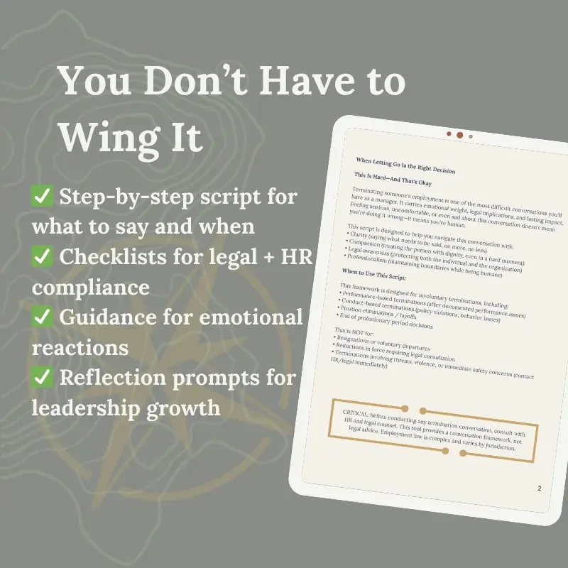 Preview of a termination conversation script highlighting structured prompts and guidance for legal, emotional, and leadership considerations.