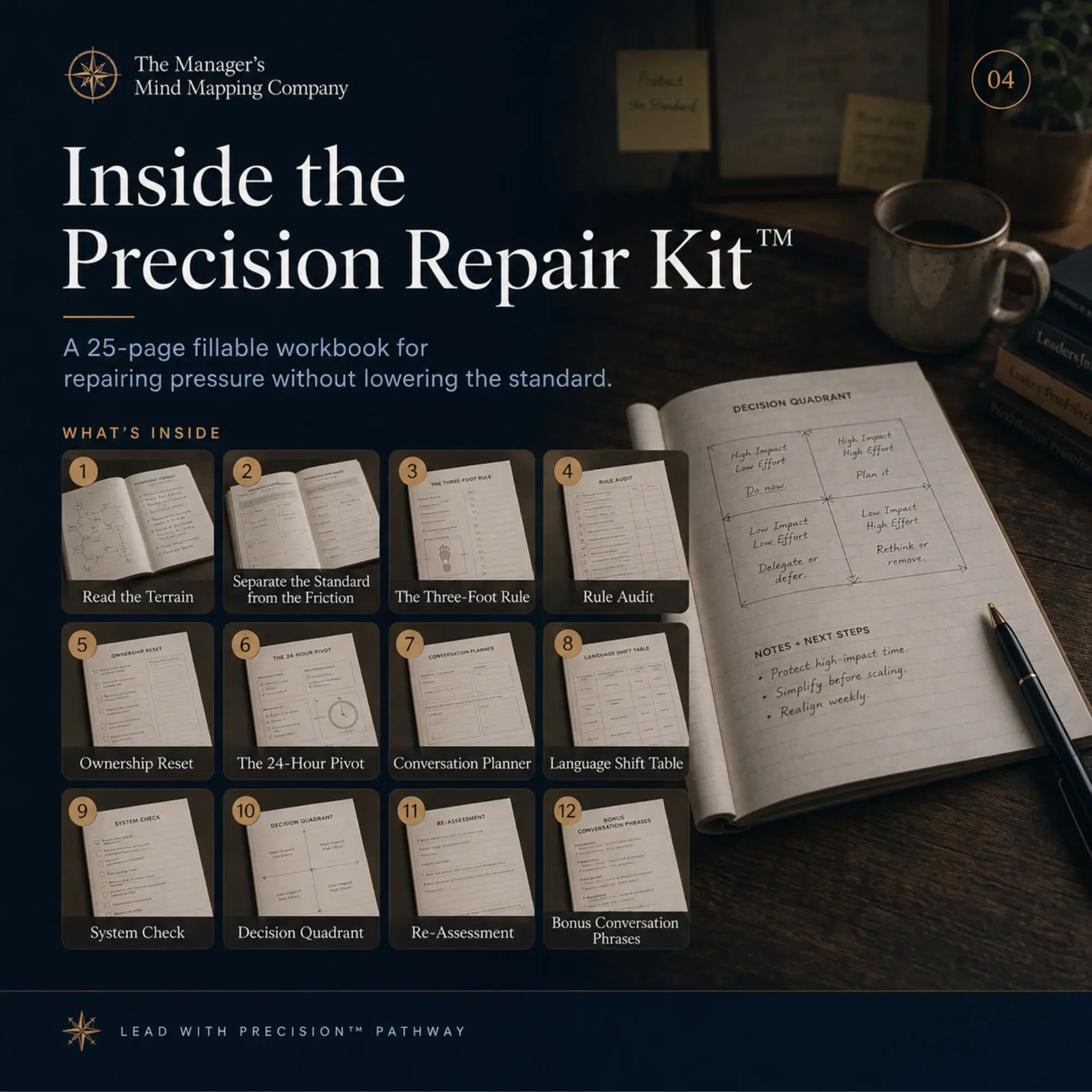 What is inside the Precision Repair Kit: pressure-signal read, Three-Foot Rule, rule audit, 24-hour pivot, re-assessment.