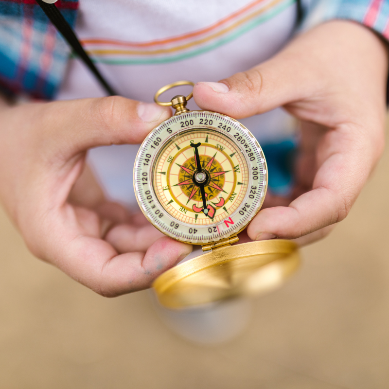 Person holding a compass with a golden casing, showing North at 12 o'clock, East on the right, South at the bottom, and West on the left.