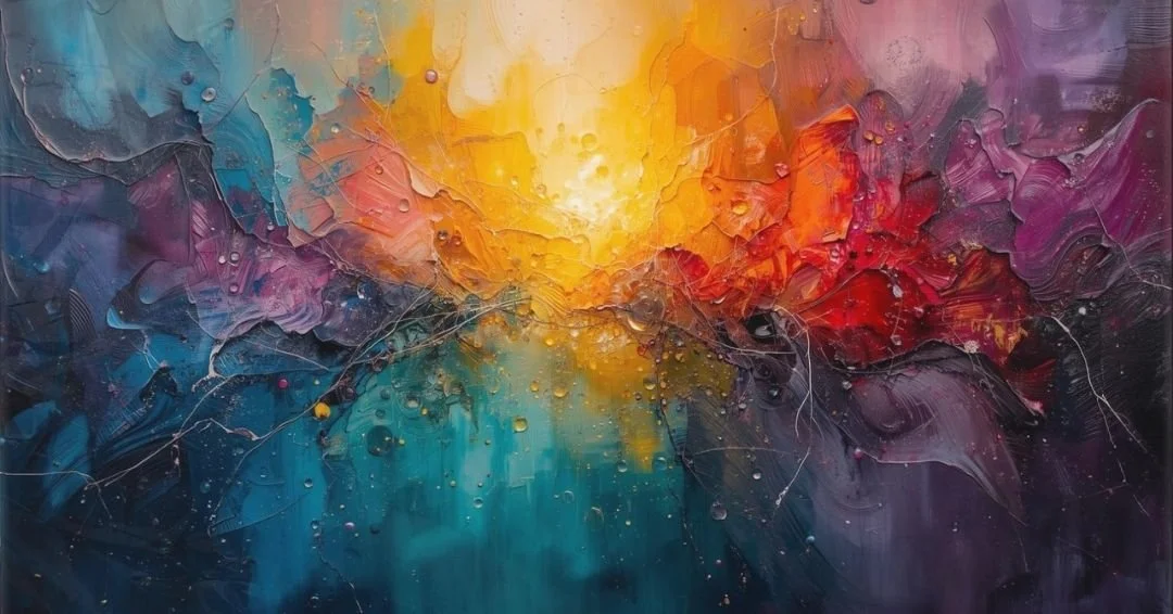 Abstract painting with layered blues, purples, and reds converging toward a bright yellow center, evoking accumulated emotion and pressure finding a single point of release.