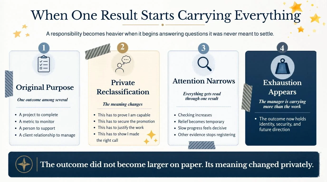 Infographic showing how one result begins carrying everything: an original responsibility is privately reclassified, attention narrows around it, and exhaustion follows as the outcome begins carrying identity, security, and future direction.