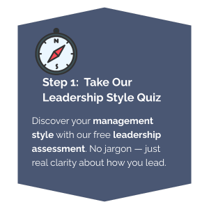 Compass icon above text that invites managers to take a free leadership style quiz to discover their management approach.