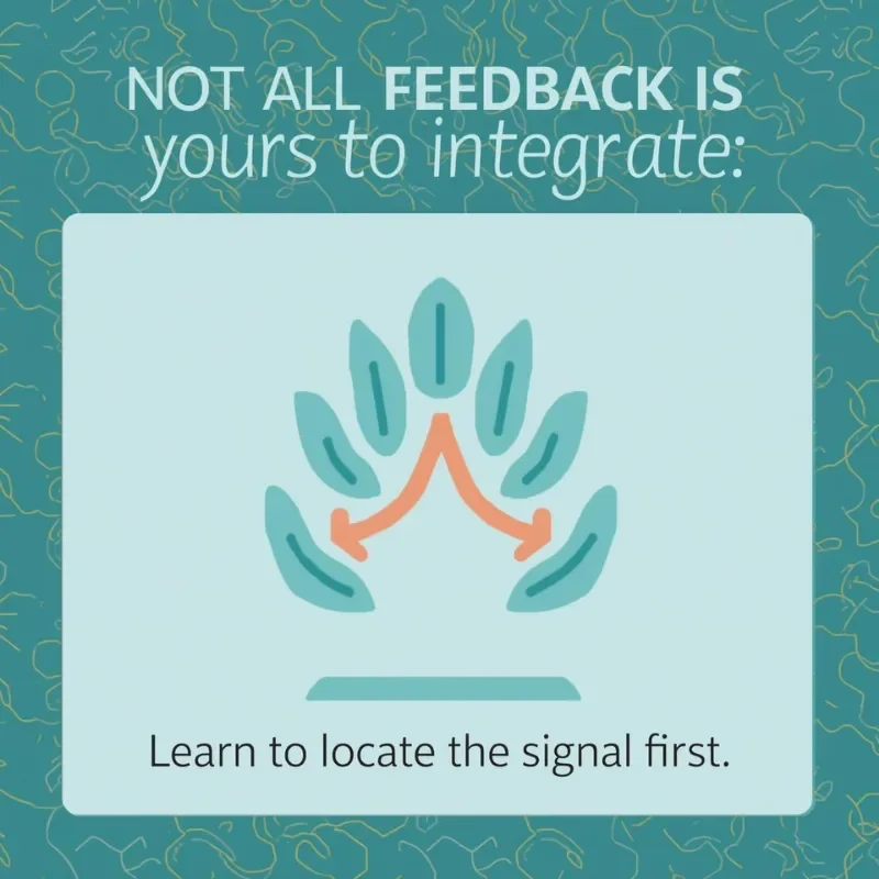 Teal background with lotus hands illustration and text "NOT ALL FEEDBACK IS yours to integrate: Learn to locate the signal first."