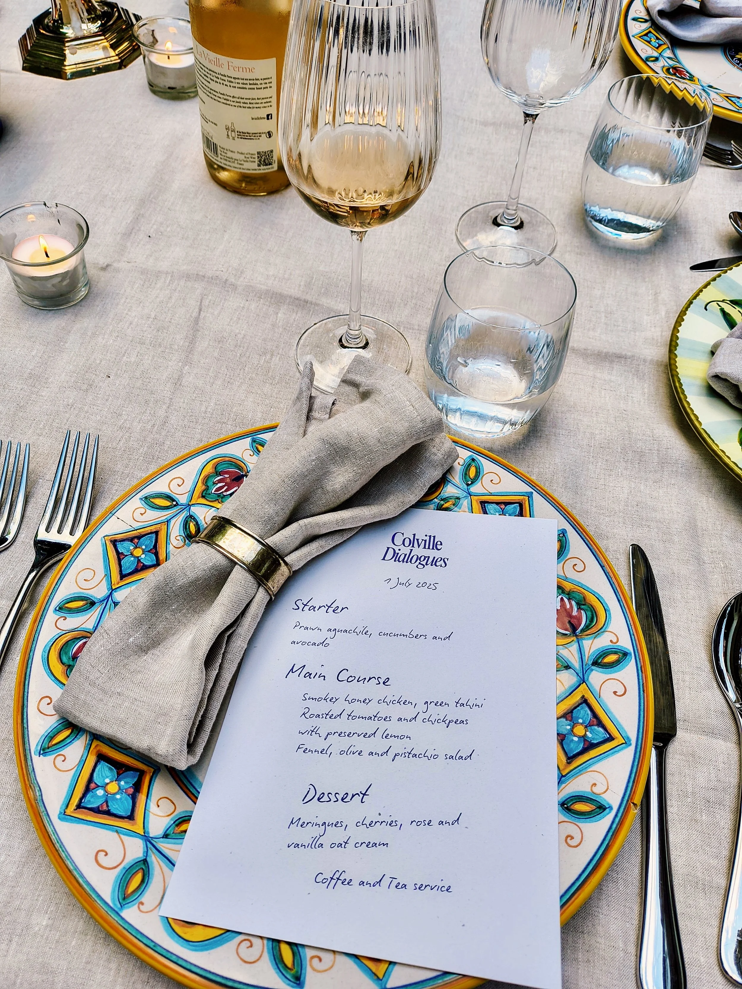 Curated seasonal menu at Colville Dialogues professional networking dinner.