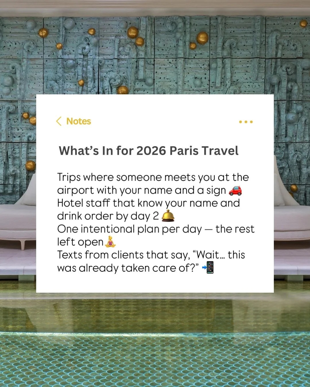 Luxury travel in 2026 isn&rsquo;t louder.
It&rsquo;s calmer.
It looks like being met at the airport by name.
Hotels that remember how you take your coffee.
One thoughtful plan per day &mdash; and nothing that feels forced.
This is how I design travel