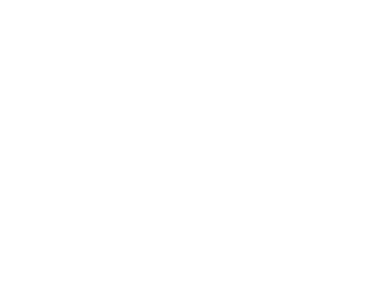 White house icon with four windows and a triangular roof on a black background.