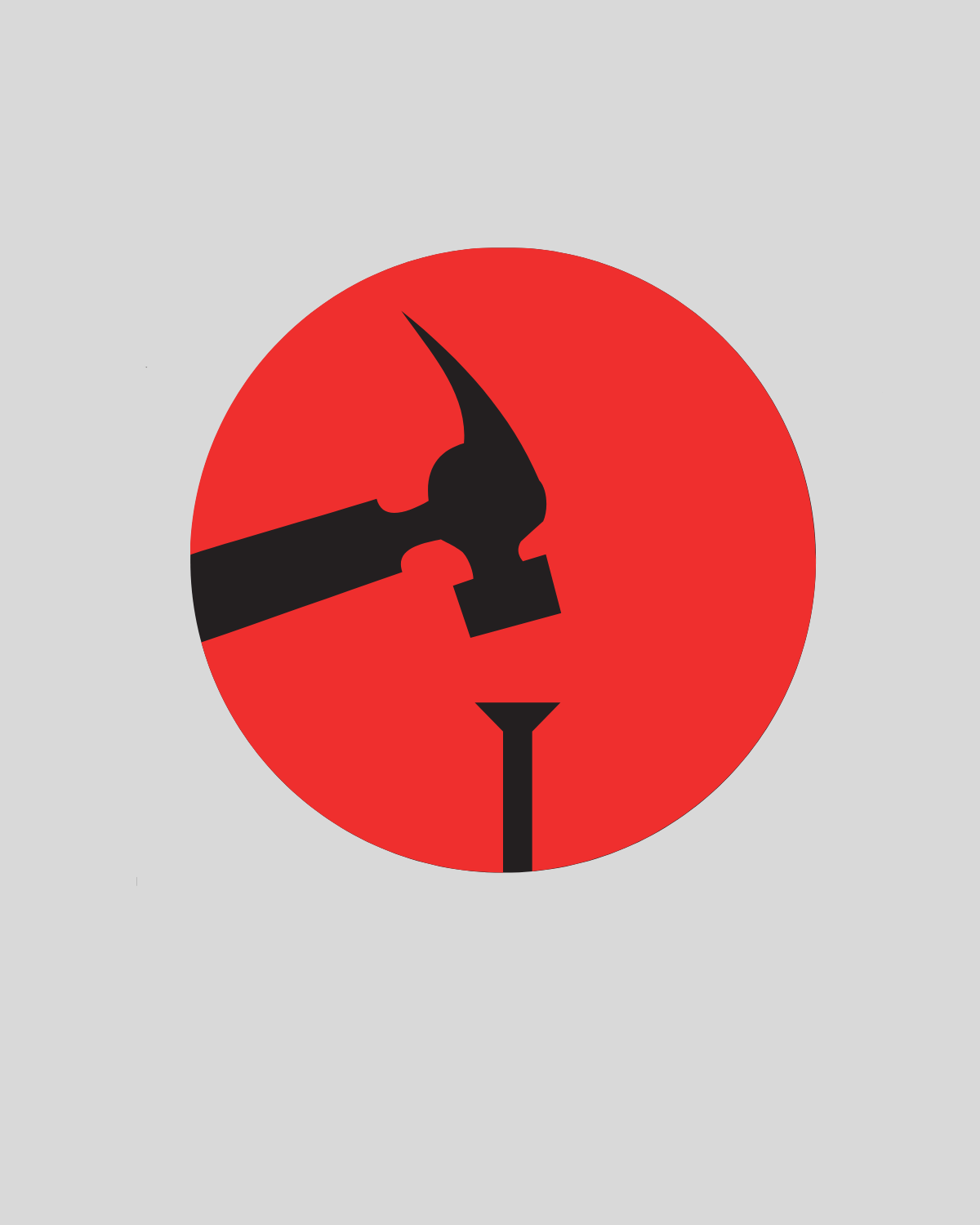 A black hammer hitting a nail on a red circular background.