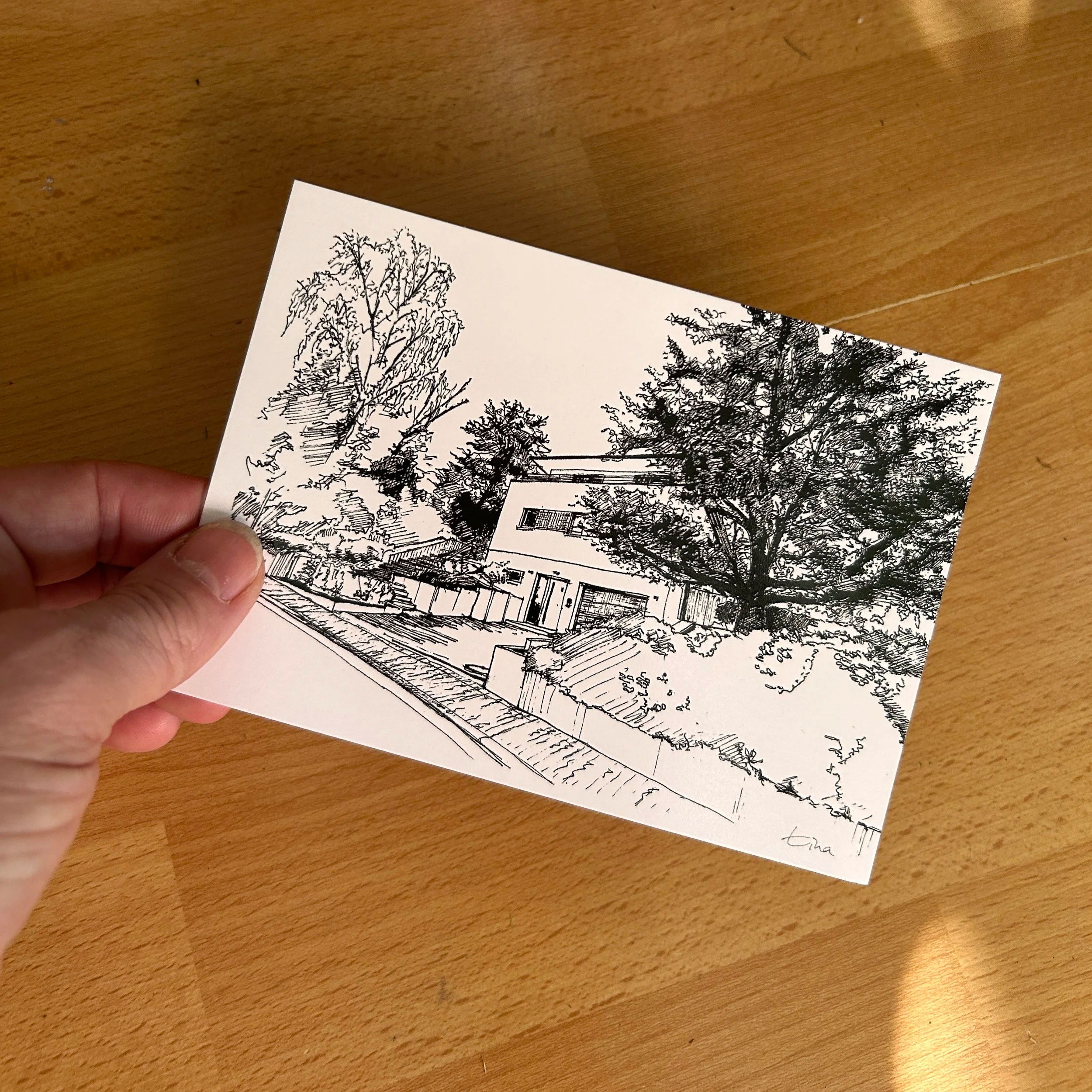 Handgezeichnete Postkarte eines Hauses in Nieder-Erlenbach.