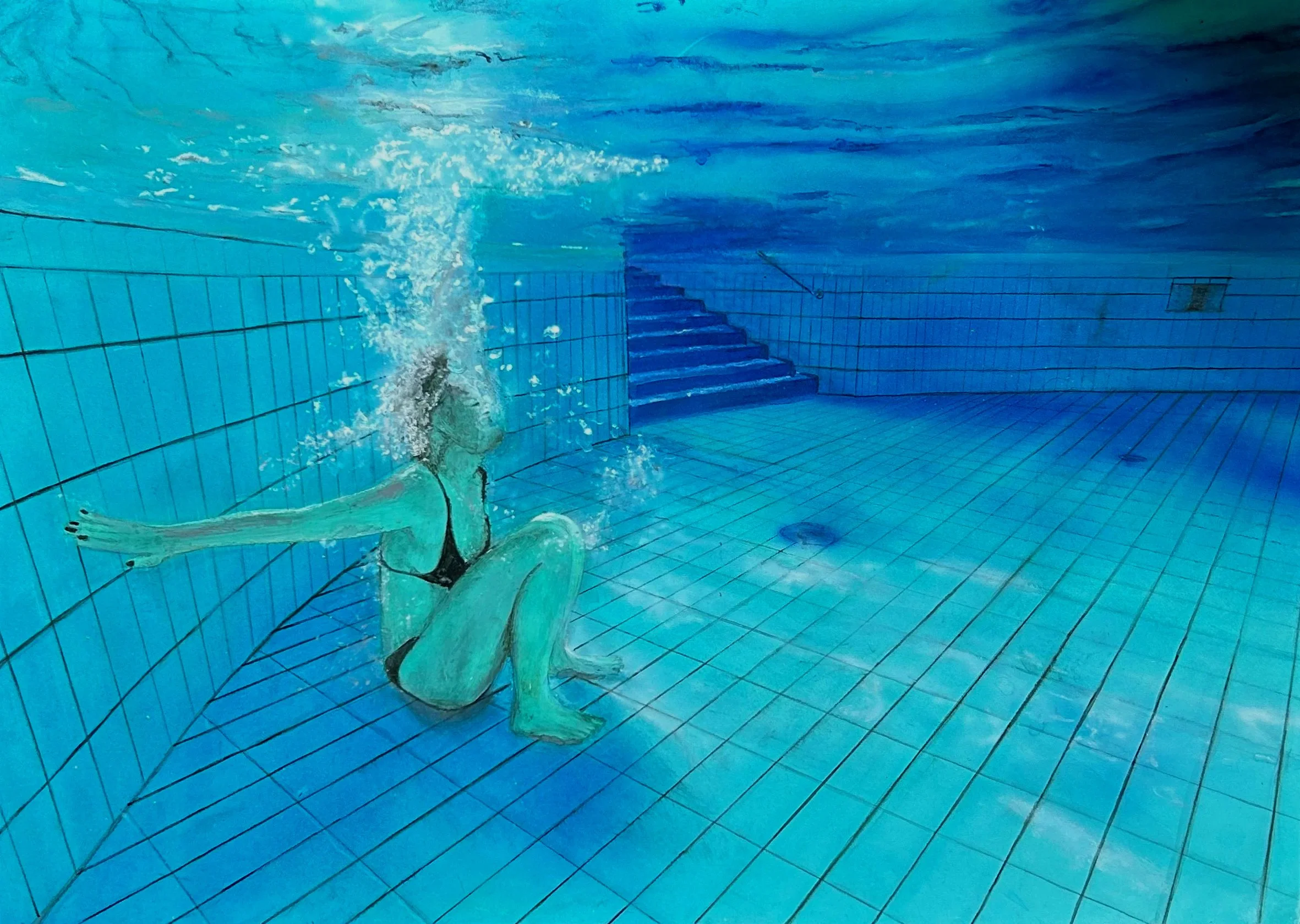 Unterwasser-Szene mit hockender Person in türkisblauem Wasser mit Blubberblasen, gemalt mit Airbrush-Technik.