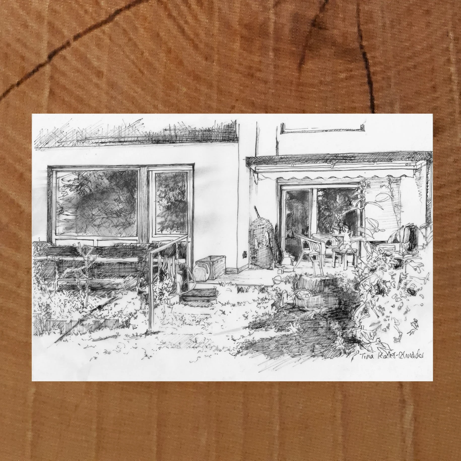 Postkarte vom Gronauer Haus mit Garten in Bad Vilbel, Zeichnung eines Wohnhauses mit Grünfläche.