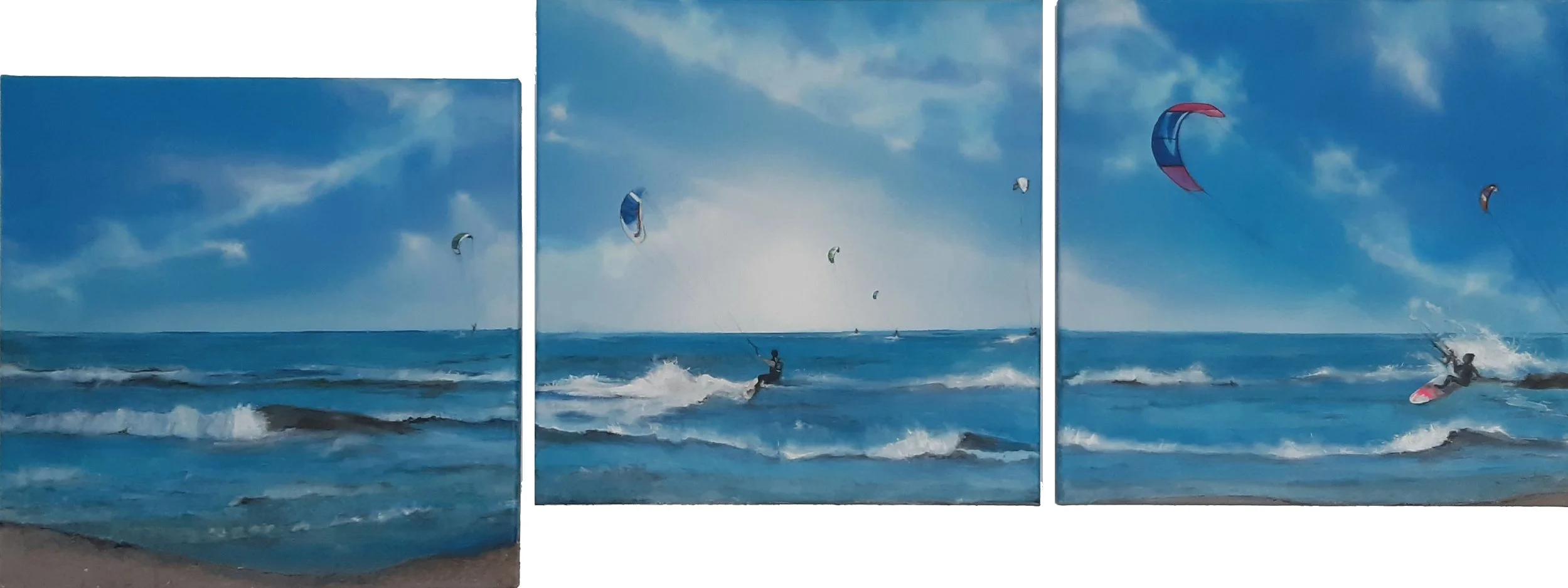 Dreiteiliges Gemälde mit Meereswellen und Kytesurfern vor blauem Himmel, dynamische Bewegung über drei Bildtafeln.